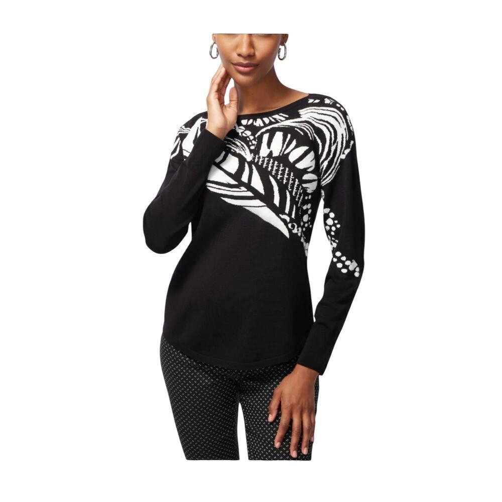 NWOT-Chico’s Black White Abstract Print Sweater Top Sz4 XL Long Sleeve Pullover